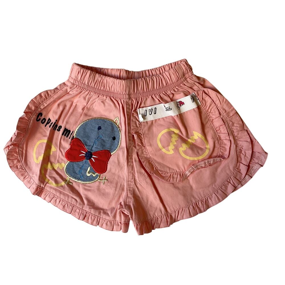 Unknown Brand Girls Shorts Size 2T Pink Cartoon Chick Ruffle Hem Embroidered Bow